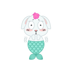 
Cute little rabbit with a mermaid tail. Flat cartoon illustration of a scared mermaid bunny isolated on a white background. Vector 10 EPS.