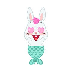 Cute little rabbit with a mermaid tail. Flat cartoon illustration of a mermaid bunny with heart shaped eyes isolated on a white background. Vector 10 EPS.

