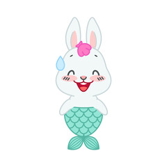 Cute little rabbit with a mermaid tail. Flat cartoon illustration of a nervous mermaid bunny isolated on a white background. Vector 10 EPS.