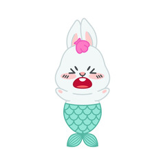 Cute little rabbit with a mermaid tail. Flat cartoon illustration of a mermaid bunny screaming with anger isolated on a white background. Vector 10 EPS.