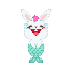 Cute little rabbit with a mermaid tail. Flat cartoon illustration of a mermaid bunny laughing to tears isolated on a white background. Vector 10 EPS.