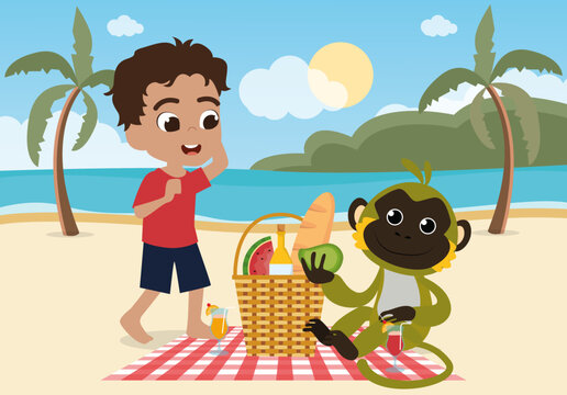 little kids and monkeys enjoying a picnic on the beach illustration