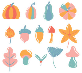 Autumn harvest hand-drawn set of vector elements. Pumpkin, leaves and mushrooms clipart