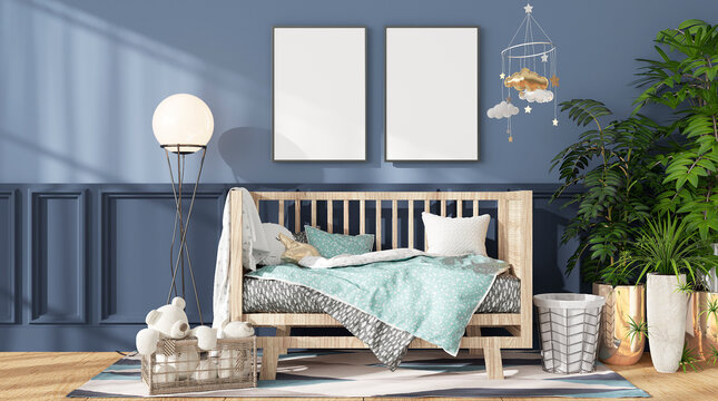 mock up poster frame in modern interior background, Children room, Mixed style, 3D render