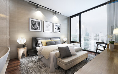 White Bedroom Furniture Interior with Luxury Elegant Concept Hotel and Apartment Living