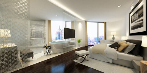 White Bedroom Furniture Interior with Luxury Elegant Concept Hotel and Apartment Living