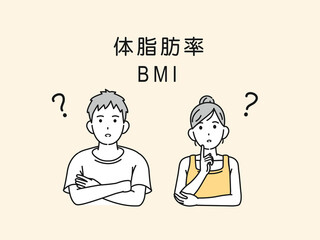 BMI　体脂肪率考える若い男女　ダイエット　イラスト