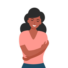 Self love concept vector illustration. Young pretty African woman hugging herself in flat design. Happiness.