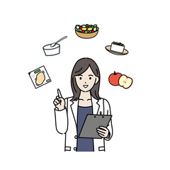 ダイエットに適した食事を説明する　栄養士　医者　女医　白衣を着た女性　イラスト - obrazy, fototapety, plakaty