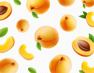 Apricot fall background. Realistic apricot with green leaf on transparent background Flying. blur effect. Vector