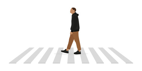 Young male character walking on a crosswalk on a white background
