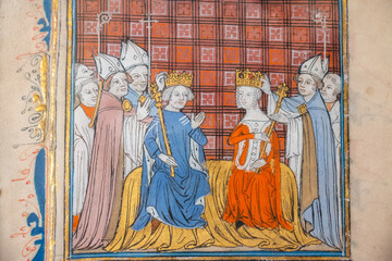 A leaf from Grandes Chroniques painted by Perrin Remiet in the late C14th. This miniature  illustration shows the Coronation of John II. Paris. c. 1400