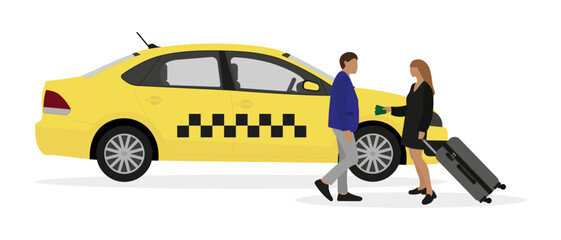 Female character with a suitcase giving money to male character near the taxi on white background