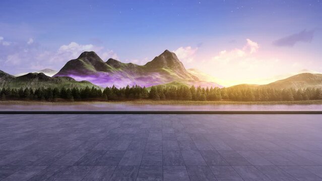 Empty concrete floor with mountain and blue sky lake view. 3D rendering background for car park.