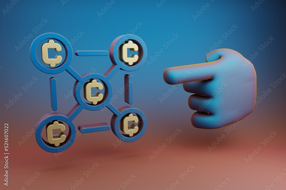 Poster beautiful illustrations abstract hand index finger points to blockchain coins symbol icon on a multi