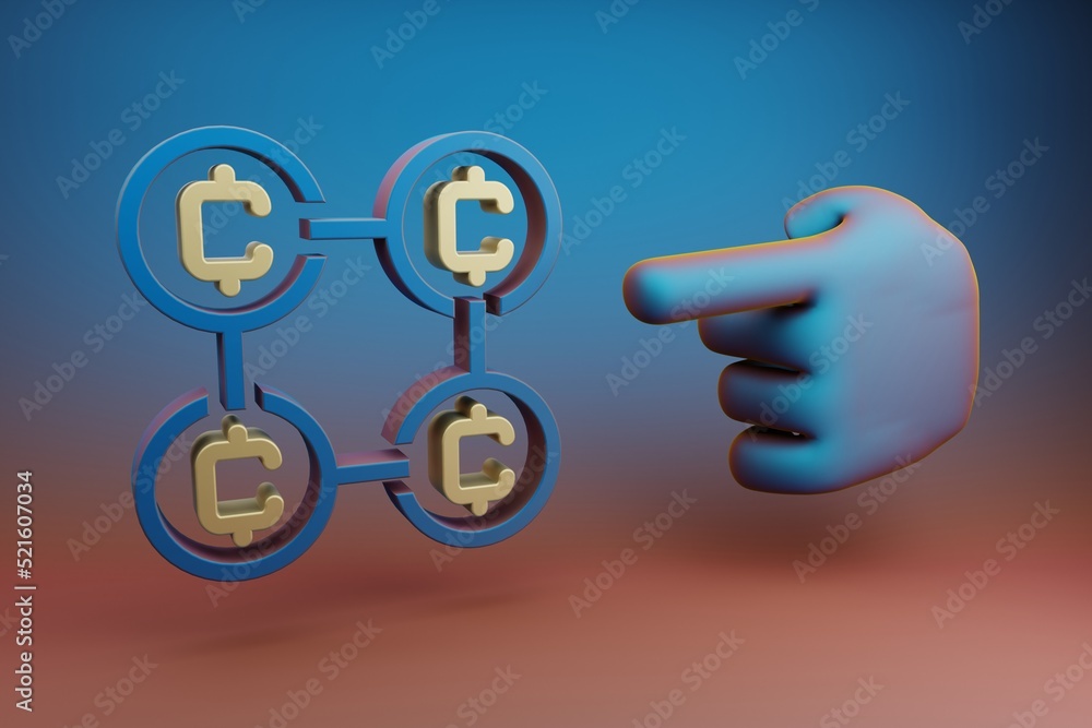 Poster beautiful illustrations abstract hand index finger points to blockchain coins symbol icon on a multi