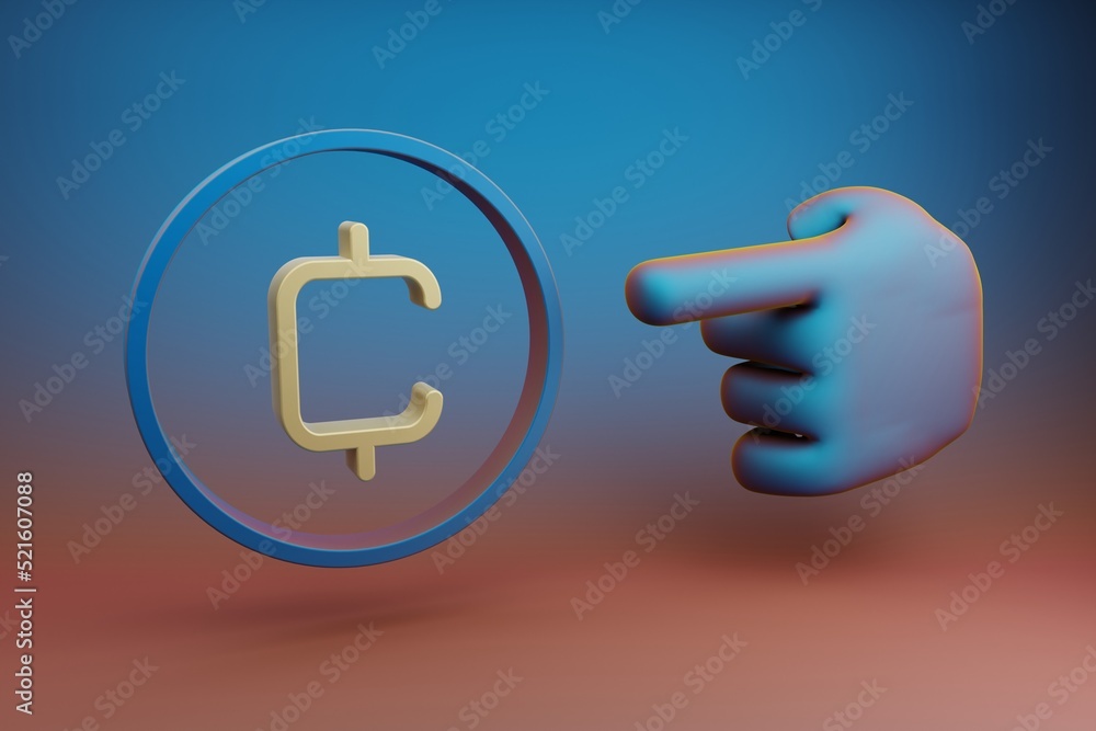 Poster beautiful illustrations abstract hand index finger points to cryptocurrency coin symbol icon on a mu