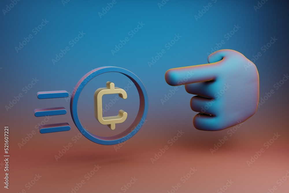 Fototapete beautiful illustrations abstract hand index finger points to coin token symbol icon on a multicolor 