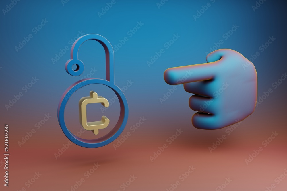 Poster beautiful illustrations abstract hand index finger points to cryptocurrency coin security symbol ico
