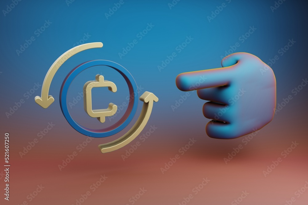 Poster beautiful illustrations abstract hand index finger points to cryptocurrency coin symbol icon on a mu