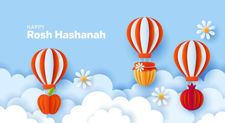 Rosh Hashanah jewish holiday banner design with paper cut hot air balloon, apple, honey and pomegranate. Vector illustration.