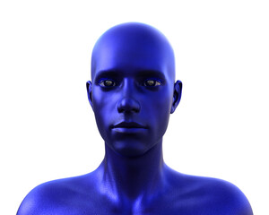 3D render. Portrait of a blue bald man on a white background. 