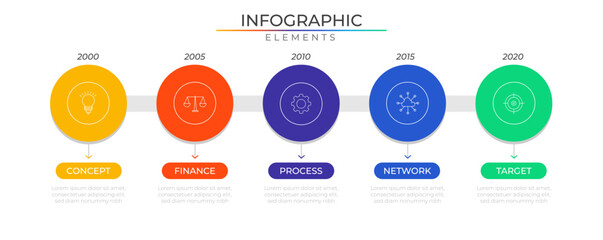 Circular timeline infographic elements concept design vector with icons. Business workflow network project template for presentation and report.