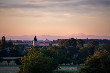 French village at sunrise with the Mont Blanc