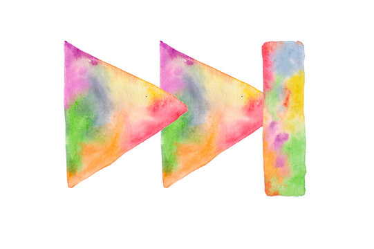 Right arrow icon, play button arrow, blue right arrow watercolor shows directions right isolated on white background