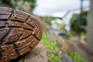 Muddy boots on a farm in Australia. Dirty shoes covered in dirt and foot and mouth disease. Bio security to stop contaminated footwear and clothes spreading disease in cows