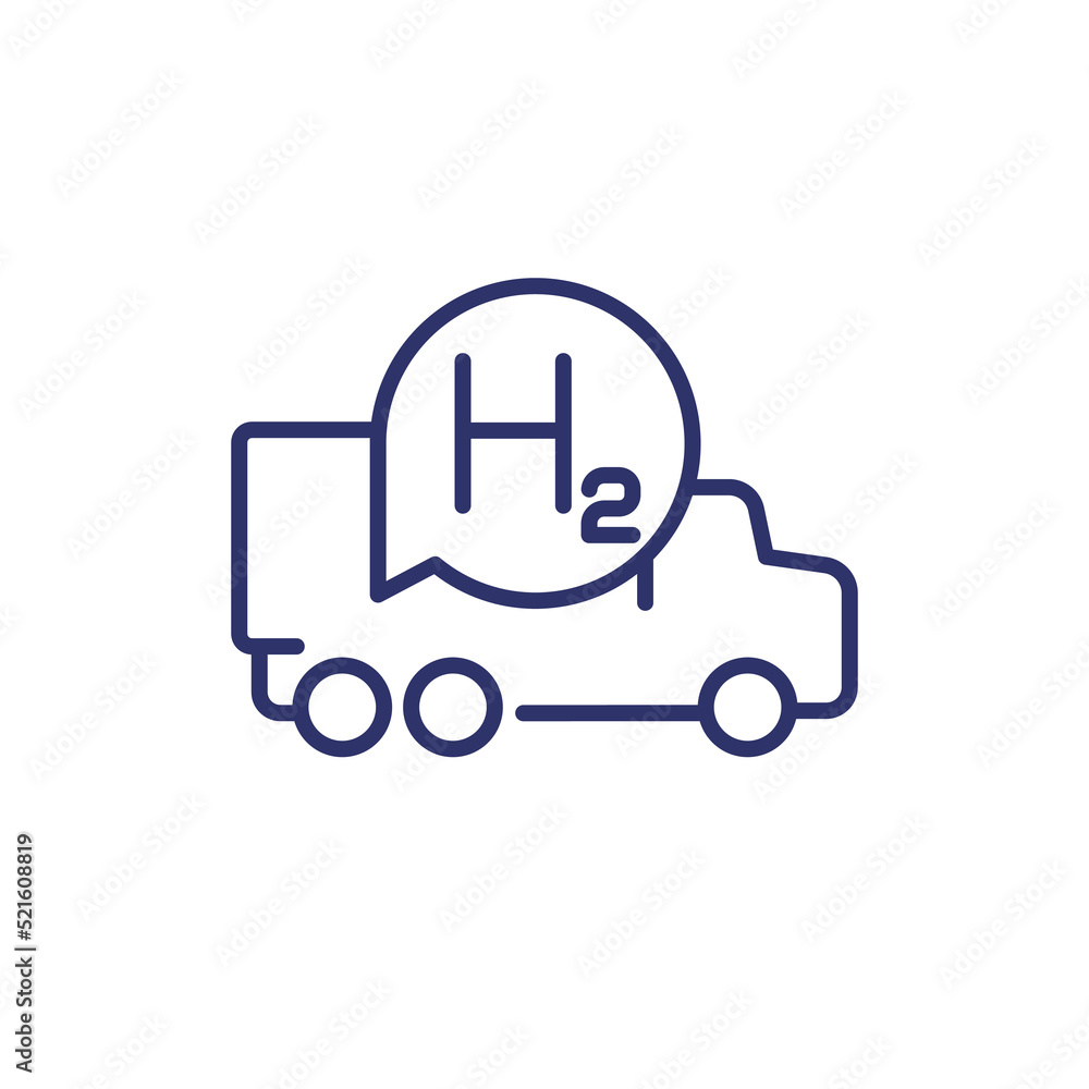 Poster hydrogen truck line icon, hydrogen-powered vehicle