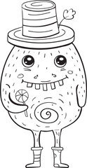 Monster holds lollipop candy vector coloring page