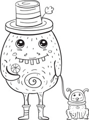 Cosmic dog and monster with lollipop candy coloring page