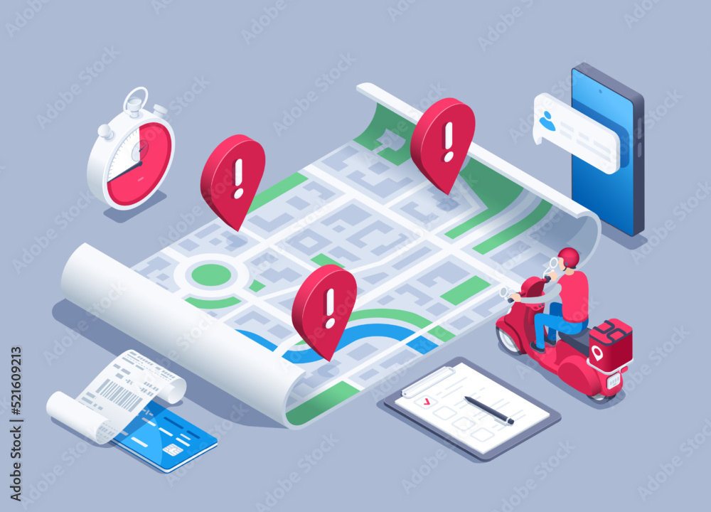 Poster isometric vector illustration on a gray background, a man from a delivery service on a scooter near 