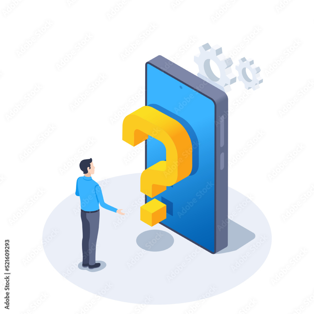 Poster isometric vector illustration on a white background, a man stands in front of a smartphone screen on