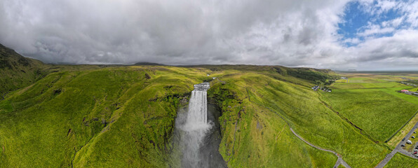 Drone view at Skogafoss waterfall in iceland