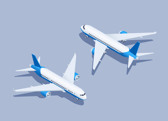 isometric vector illustration on gray background, civil passenger plane back and front view, air transport or airplane - obrazy, fototapety, plakaty