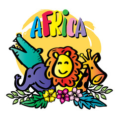 Obraz na płótnie Canvas Africa text with cartoon animals Africa
