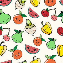 Cute Kawaii vegetables and fruits seamless pattern background