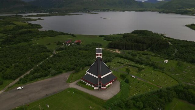 Borge Church in Lofoten Islands, Norway by Drone