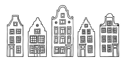 A set of doodle dutch canal houses. Architecture of Netherlands.Typical Amsterdam buildings. Hand-drawn vector illustration - obrazy, fototapety, plakaty