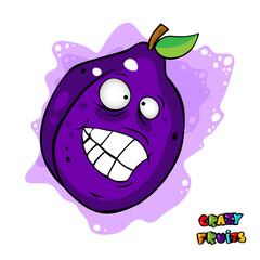 Cute crazy fruit collection, one of them plum. Cartoon character for your food design. Healthy food concept. Vegan, vegetarian and diet, sport food. Smoothies and juices, jams.