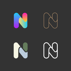 Letter N logo vector set. Abstract icons, signs, logotypes in different styles isolated on black background.