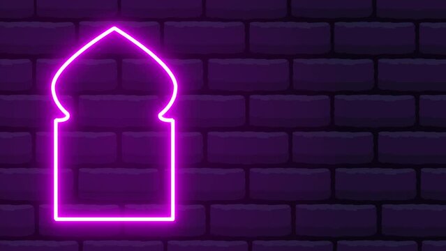 3D Neon stone wall background Design. Realistic Led Light Islamic Frame Neon purple light on dark brick wall vector illustration. Neon border or frame. Lights sign. 4k abstract animated background.