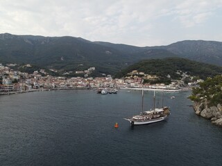 Fototapeta na wymiar Aerial View Pirate Ships Near Island Of Panagia In Famous Tourist Destination Parga Town The Greek Caribbean Of Epirus Greece