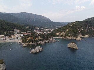 Aerial View Pirate Ships Near Island Of Panagia In Famous Tourist Destination Parga Town The Greek Caribbean Of Epirus Greece