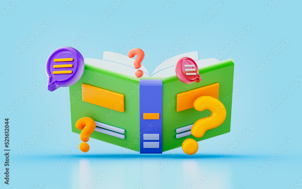 Poster book question mark and message sign 3d render concept for subject confusion discuss conversation
