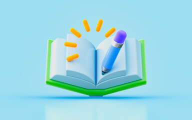 book and pen sign 3d render concept for writing story document note diary important conversation