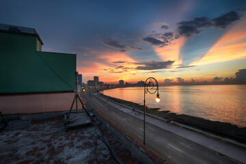 The sunset on Malecon, Havana, Cuba, West Indies, Caribbean, Central America