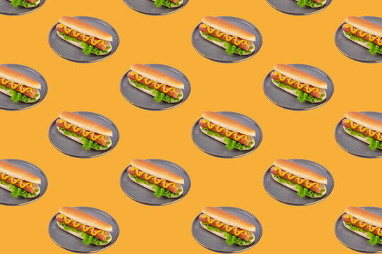 pattern with hot dogs on a yellow background. Sundial trend color